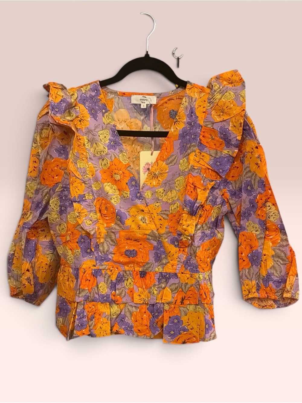 Entro Floral Ruffle Peplum Top in Orange & Purple